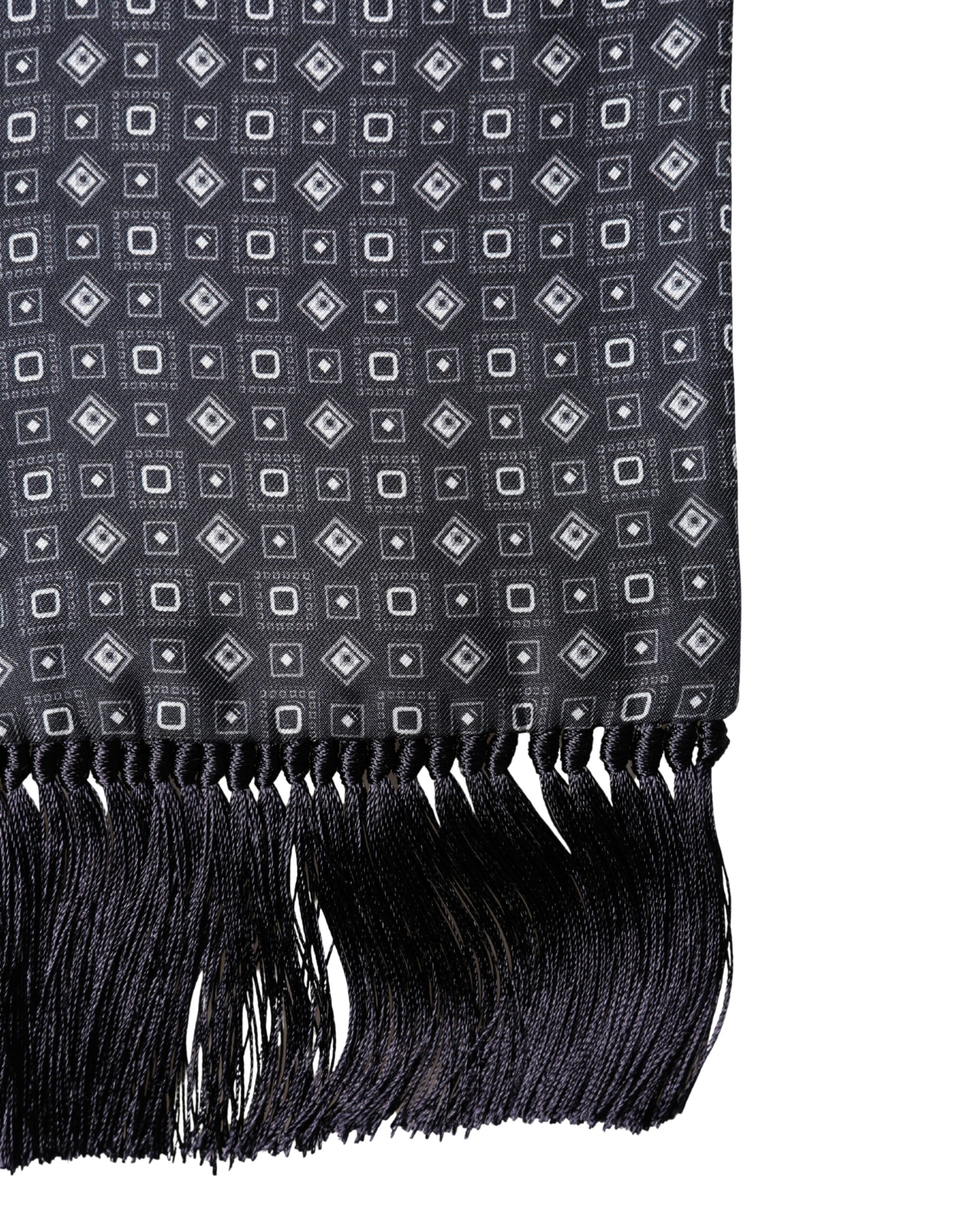 Dolce & Gabbana Black Silk Geometric Fringe Wrap Foulard 136cm X 15cm  Scarf