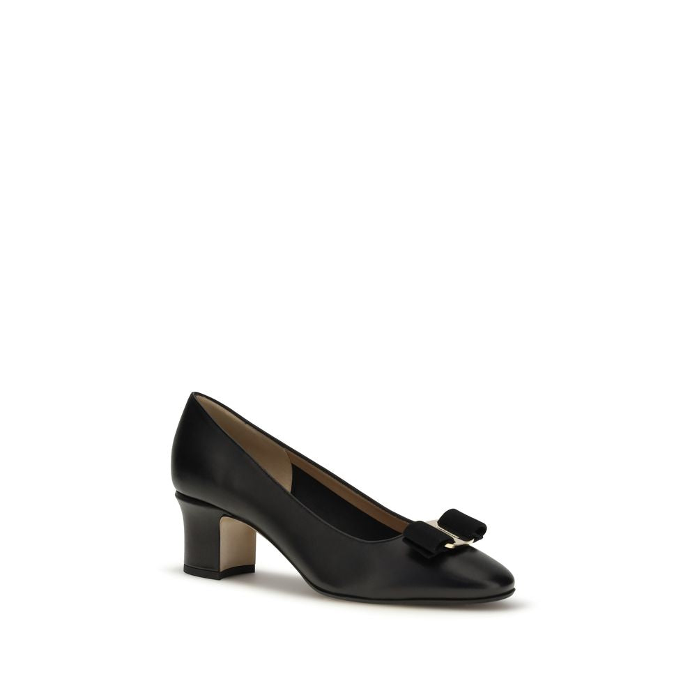 Ferragamo Black Calf Leather Bos Taurus Mid Heel Pumps