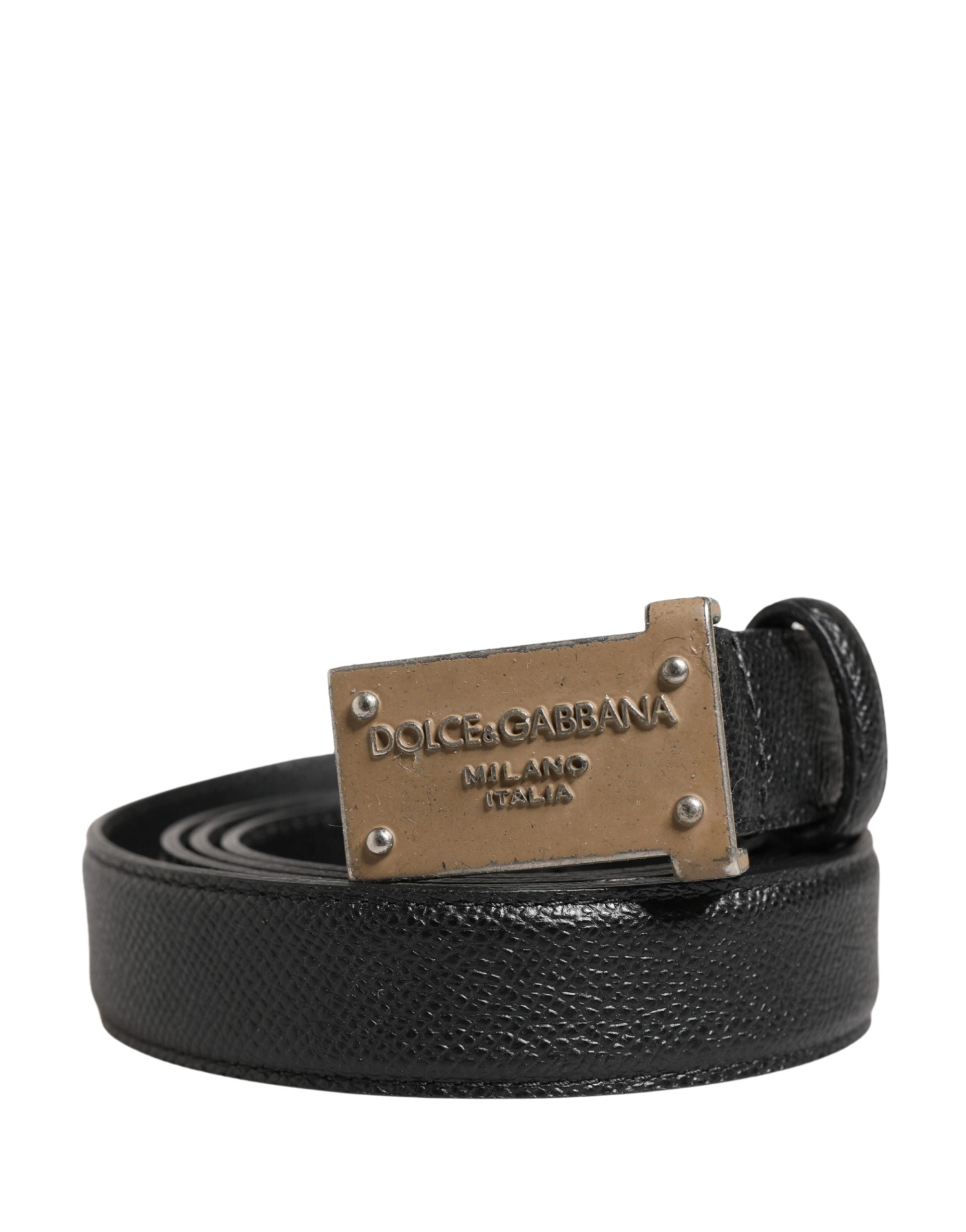 Dolce & Gabbana Men Black Calf Leather Logo Metal Buckle Belt