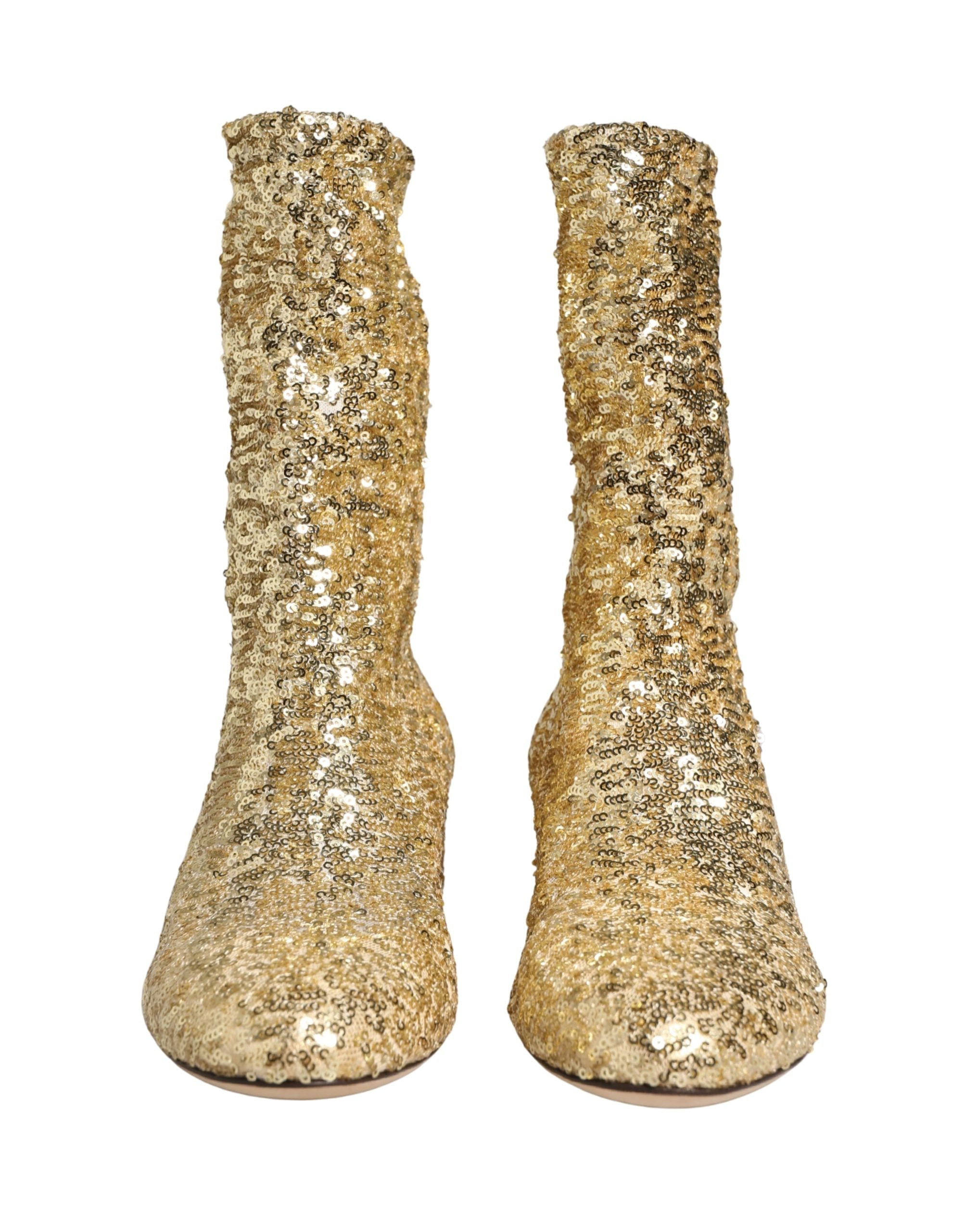 Dolce & Gabbana Gold Sequined Short Boots Stretch Shoes