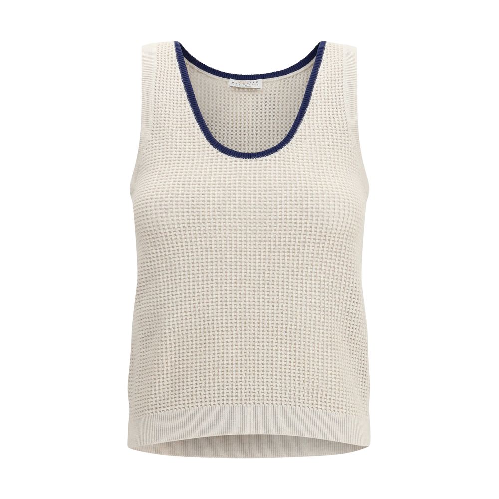 Brunello Cucinelli Beige Cotton Sleeveles T-Shirt