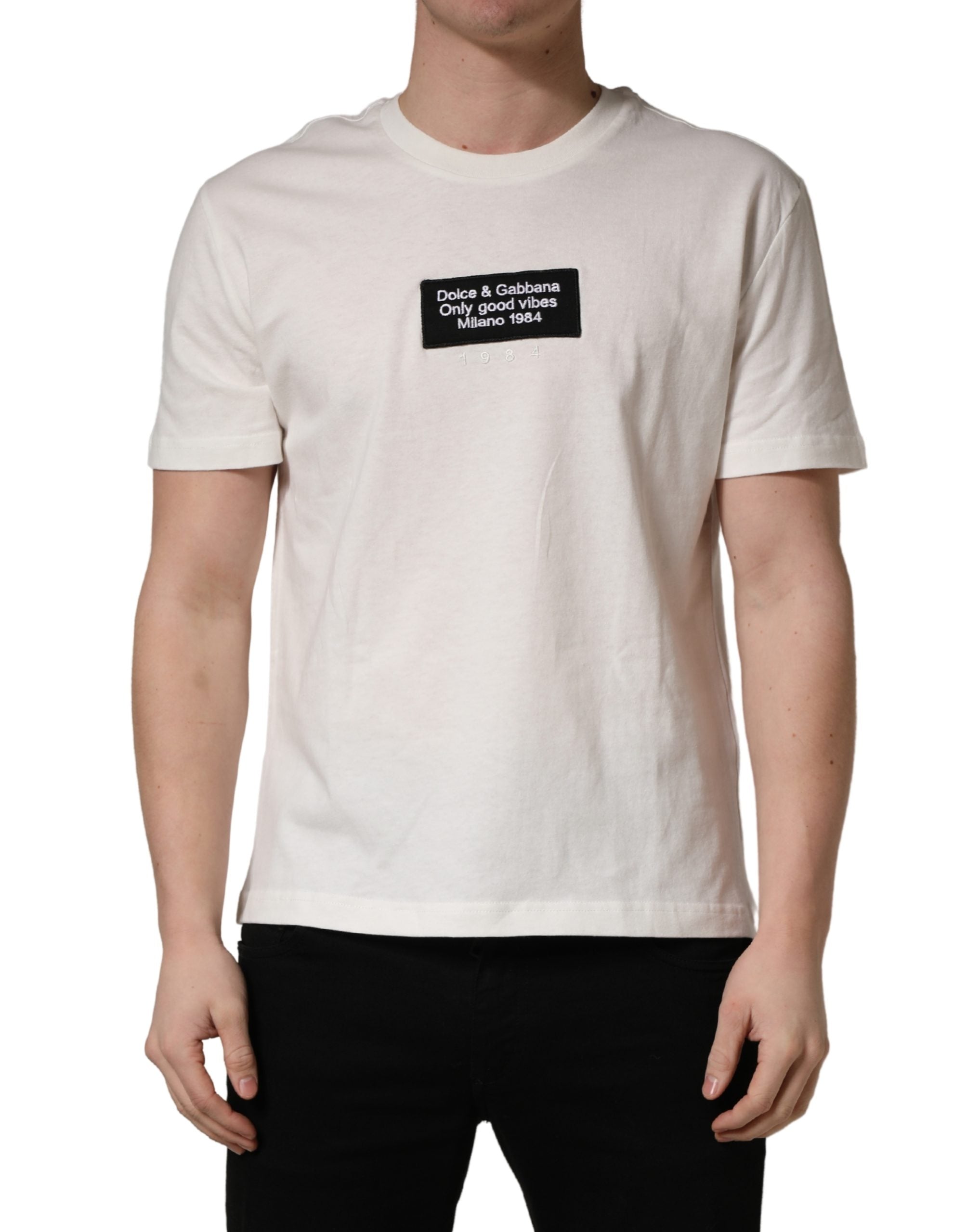 Dolce & Gabbana White Logo Patch Cotton Men Crew Neck  T-shirt