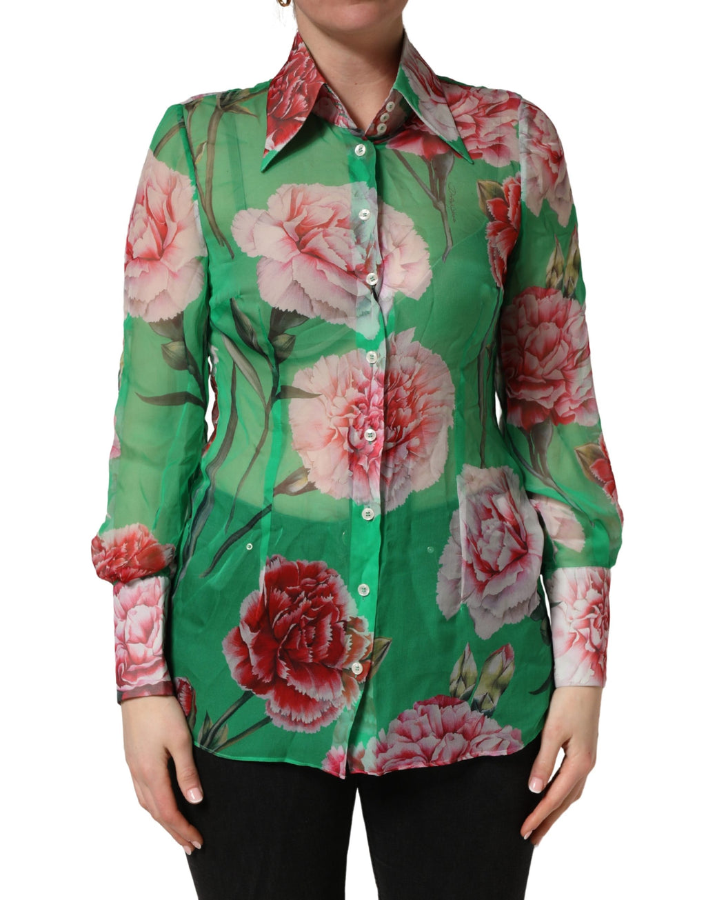 Dolce & Gabbana Green CarnationPrint Silk Collared Blouse Top