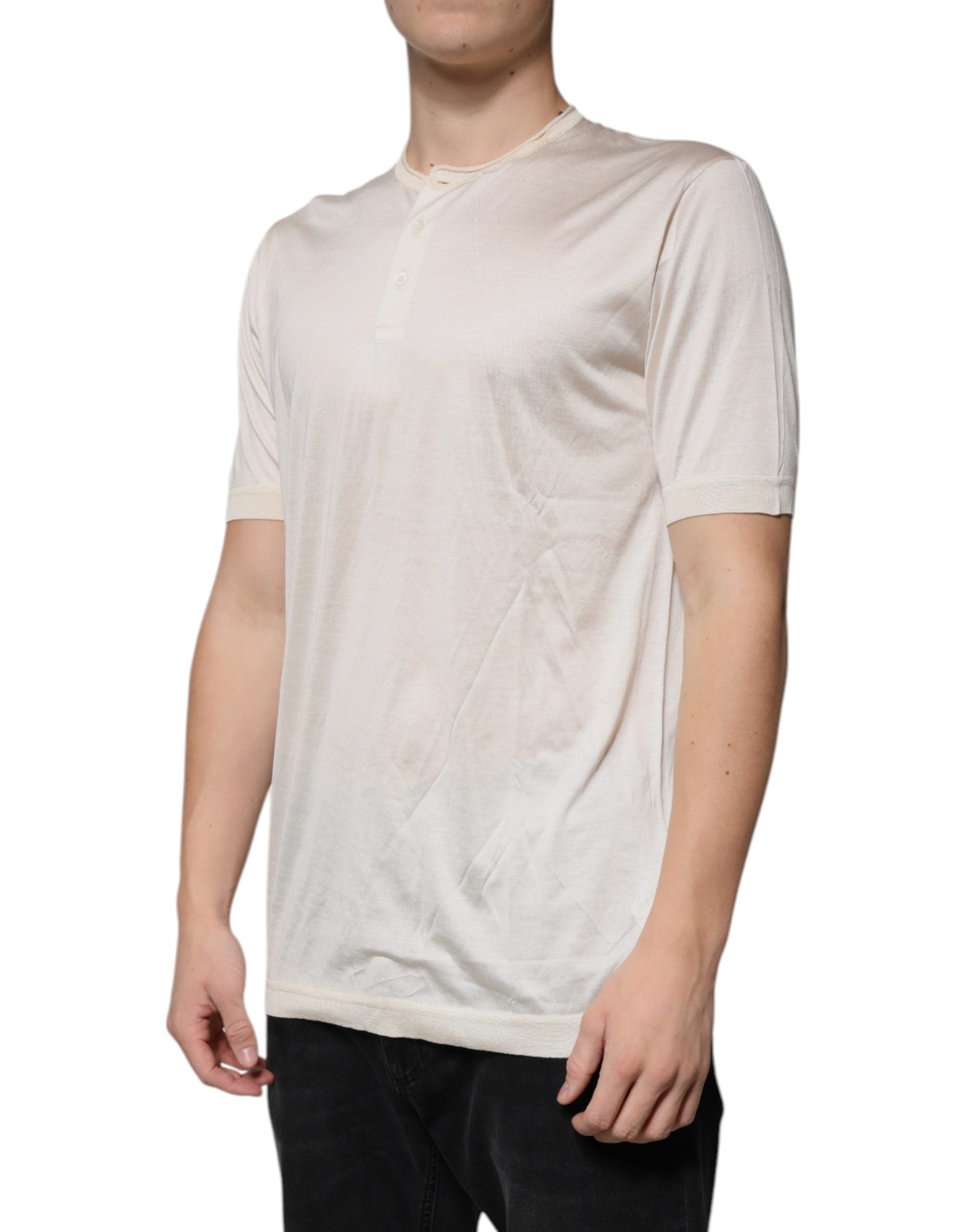 Dolce & Gabbana Off White Silk Henley Short Sleeves T-shirt