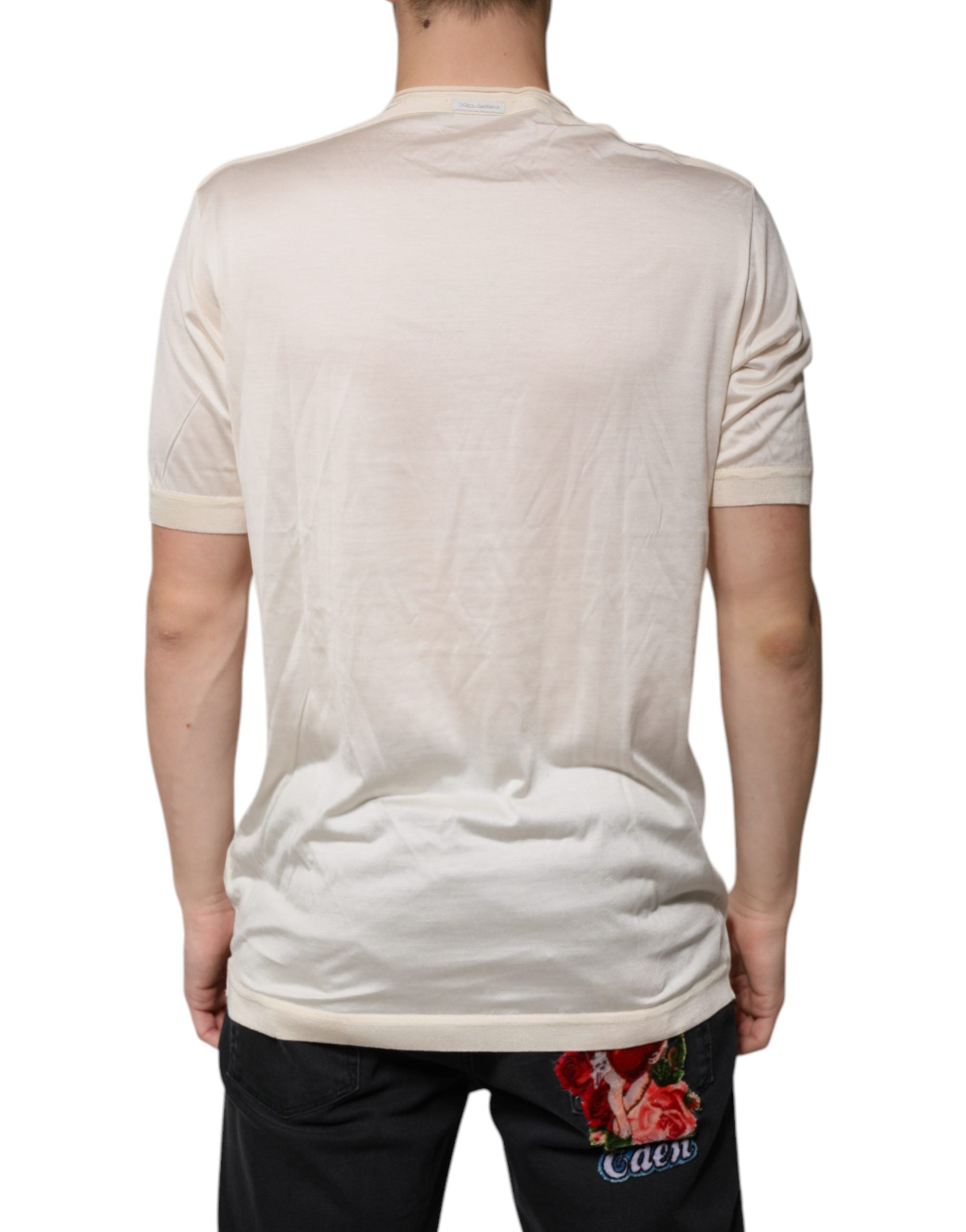 Dolce & Gabbana Off White Silk Henley Short Sleeves T-shirt