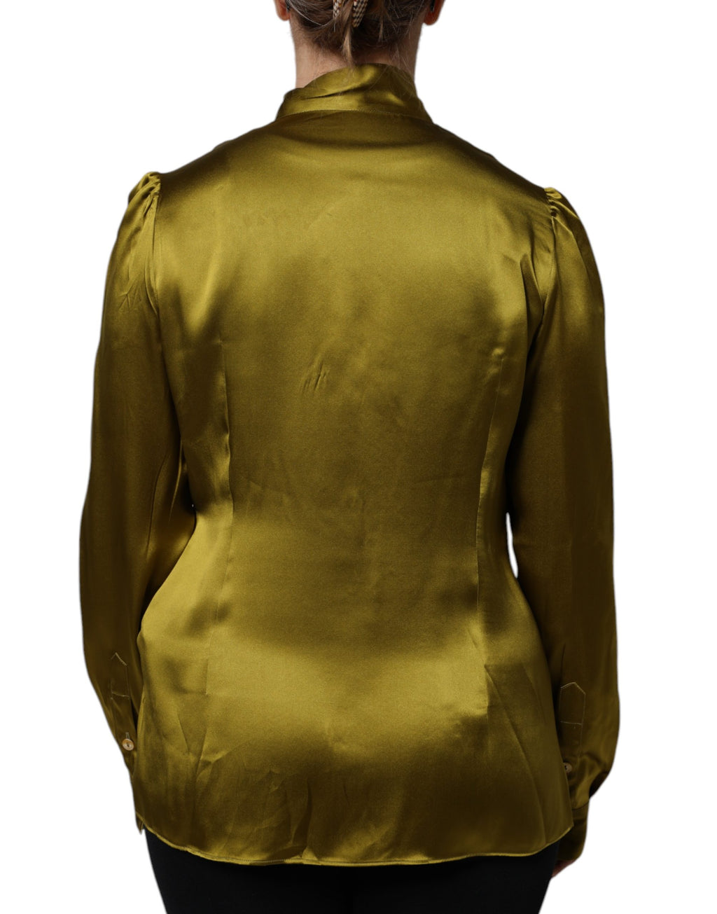 Dolce & Gabbana Green Satin Long Sleeve Ascot Tie Shirt Top