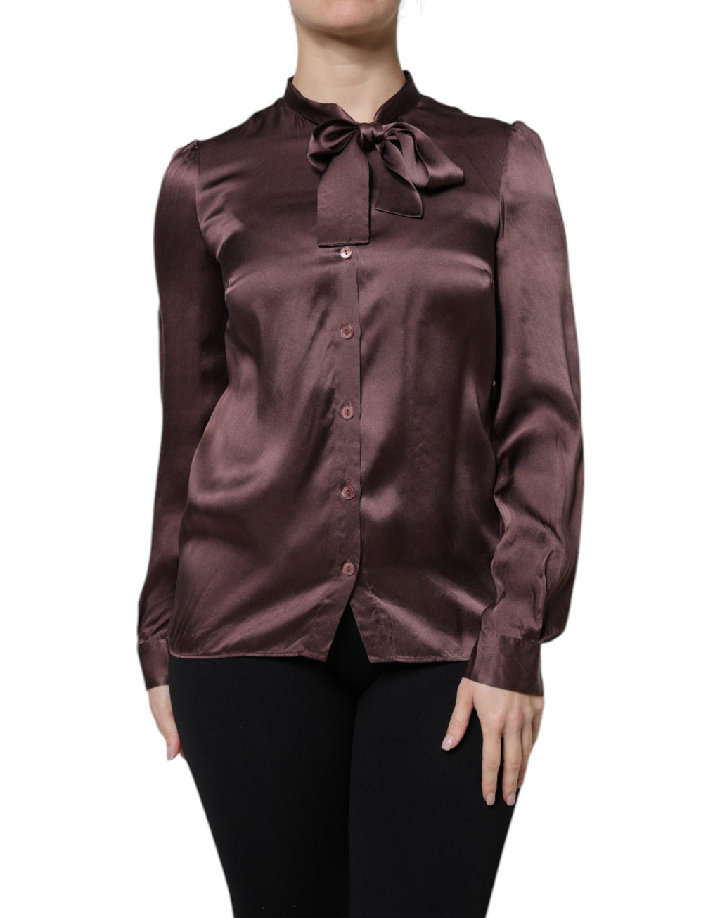 Dolce & Gabbana Violet Satin Long Sleeve Ascot Tie Shirt  Top