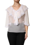 Dolce & Gabbana White LongSleeve Lace Trim Ruffled Blouse Top