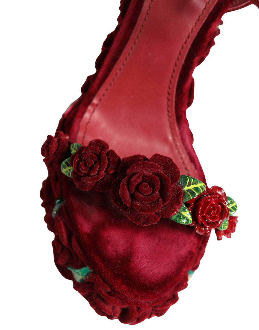 Dolce & Gabbana Red Rose Embellished Platform Sandals Shoes