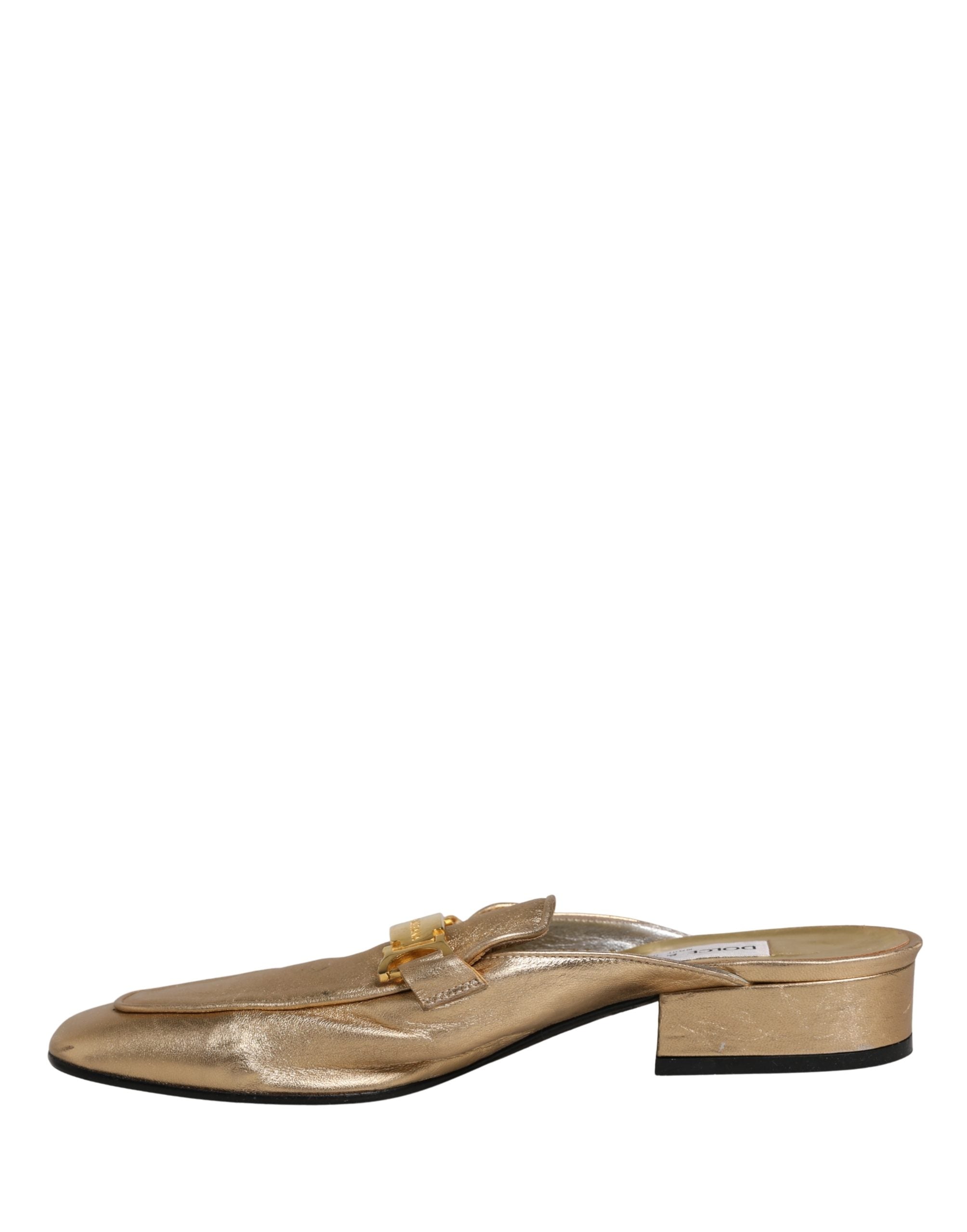 Dolce & Gabbana Gold Leather Flats Slides Mule Loafers Shoes