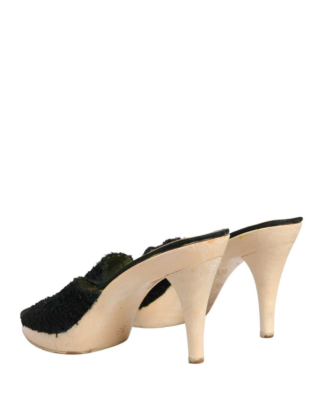 Dolce & Gabbana Black Fabric Fur Mule Wood Platform Heel Shoes