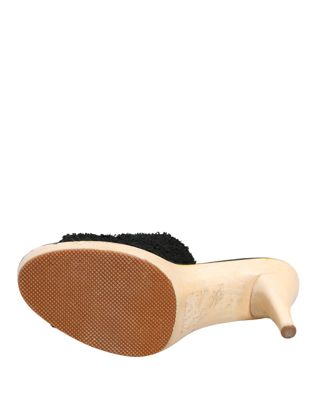 Dolce & Gabbana Black Fabric Fur Mule Wood Platform Heel Shoes