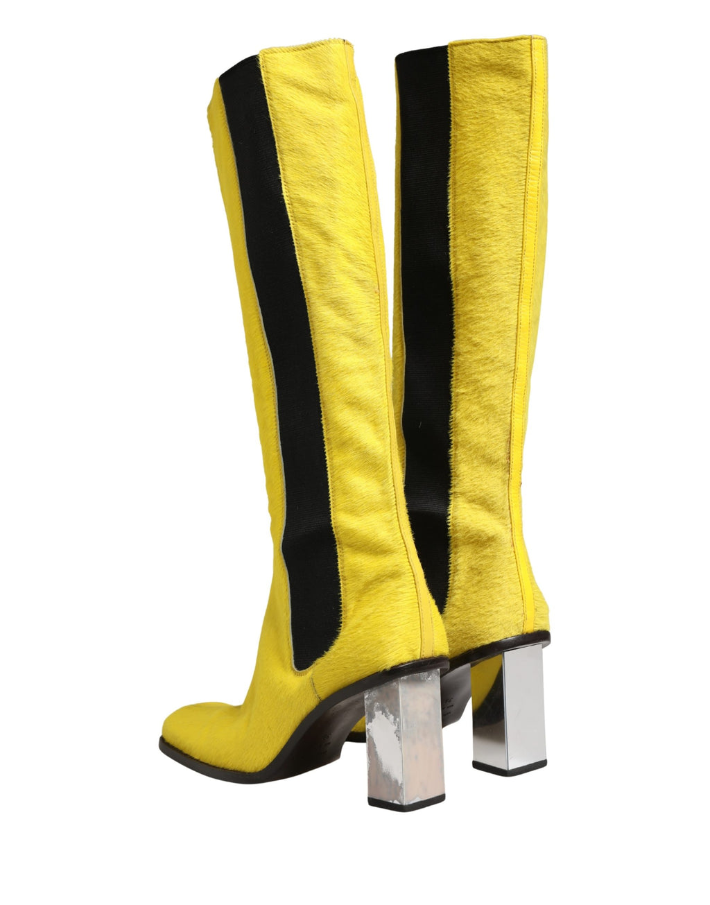 Dolce & Gabbana Yellow Black Leather Knee High Boots Shoes