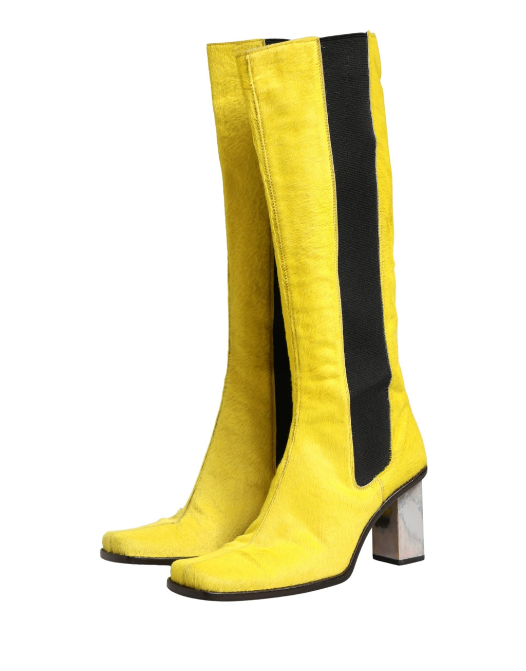 Dolce & Gabbana Yellow Black Leather Knee High Boots Shoes