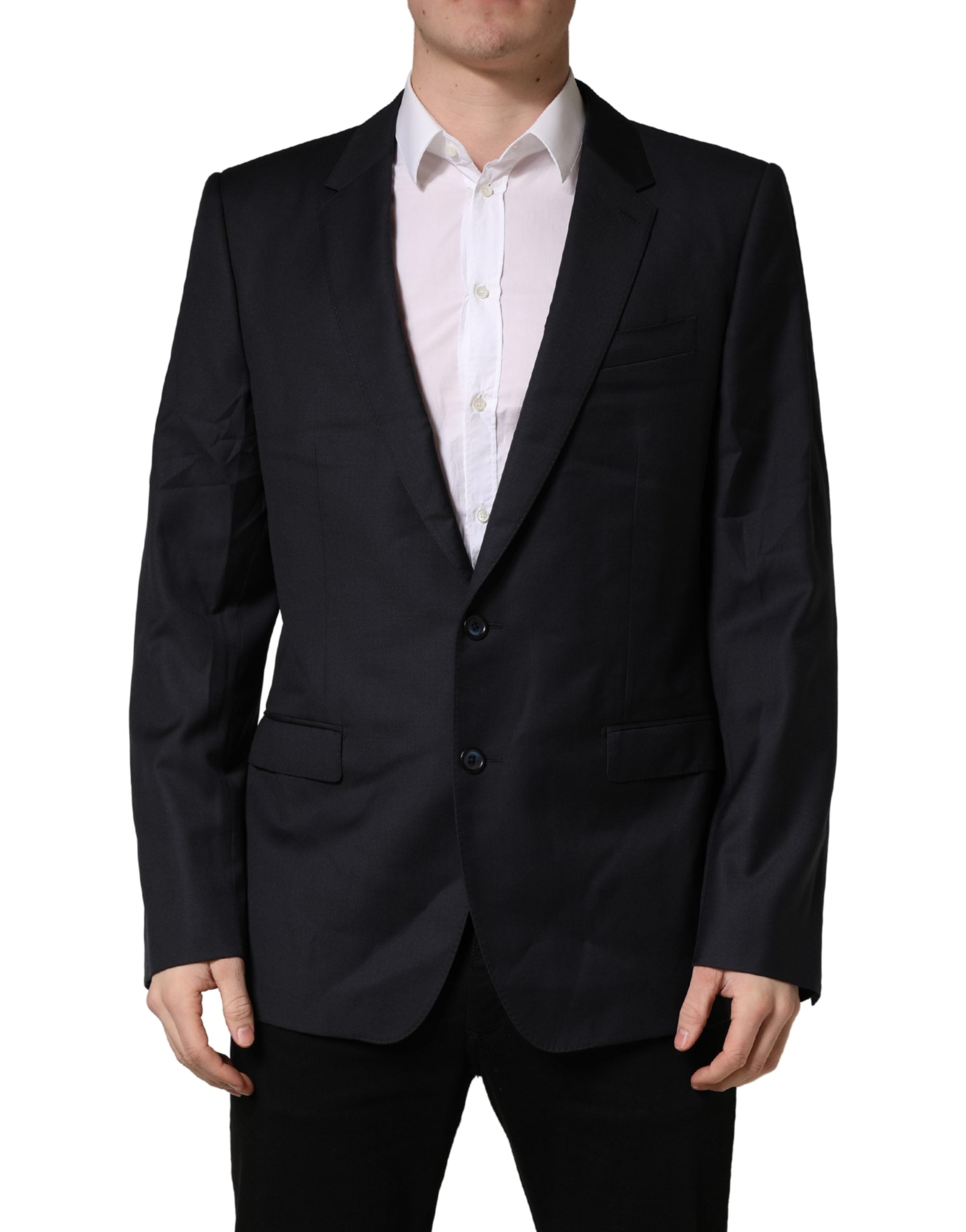 Dolce & Gabbana Dark Blue Wool Slim Fit Coat Men Jacket Blazer