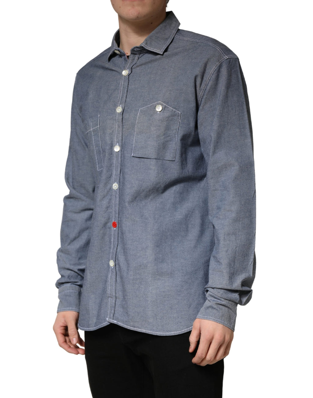 AGLINI Dark Blue Slim Fit Collared Long Sleeve Denim Shirt