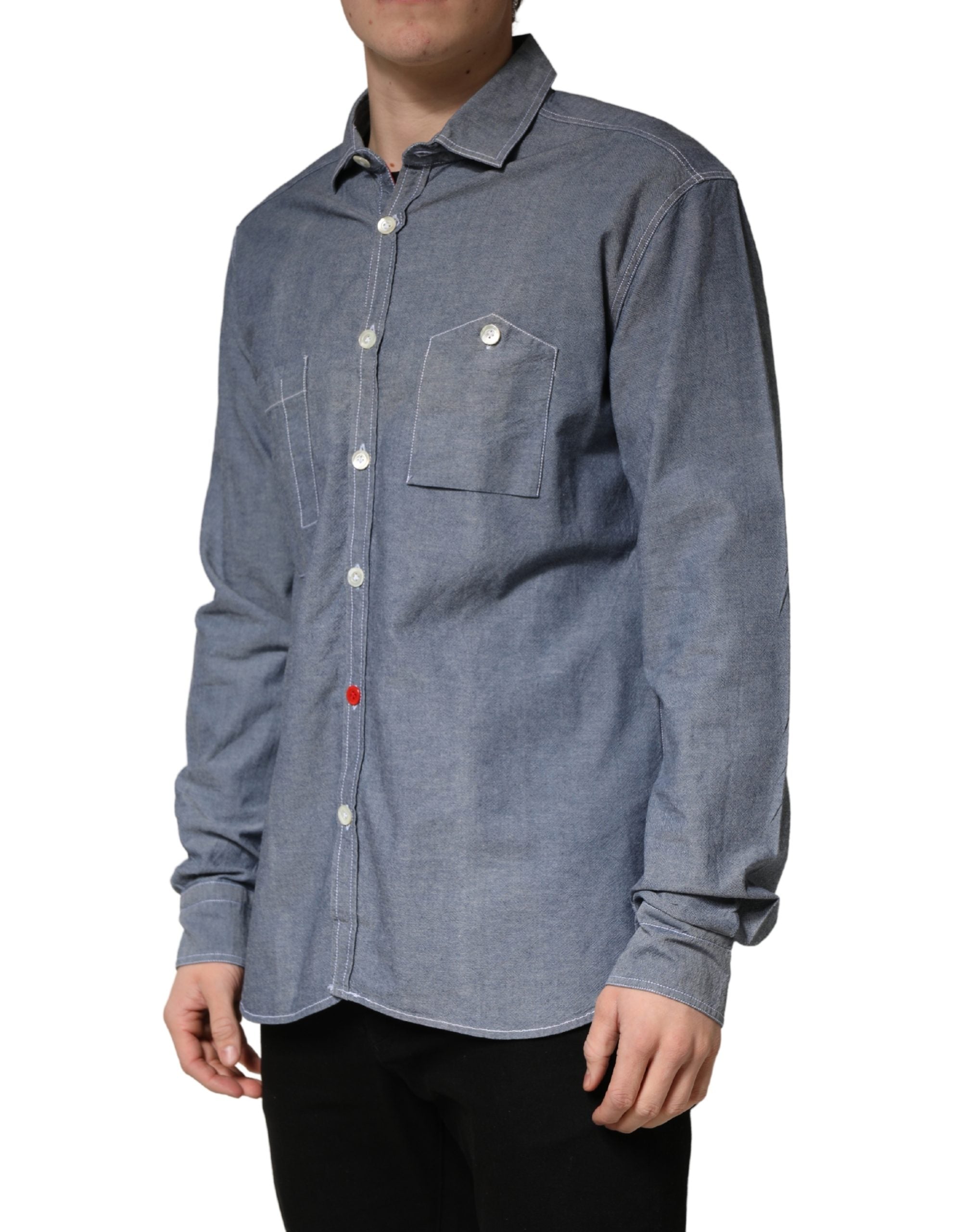 AGLINI Dark Blue Slim Fit Collared Long Sleeve Denim Shirt