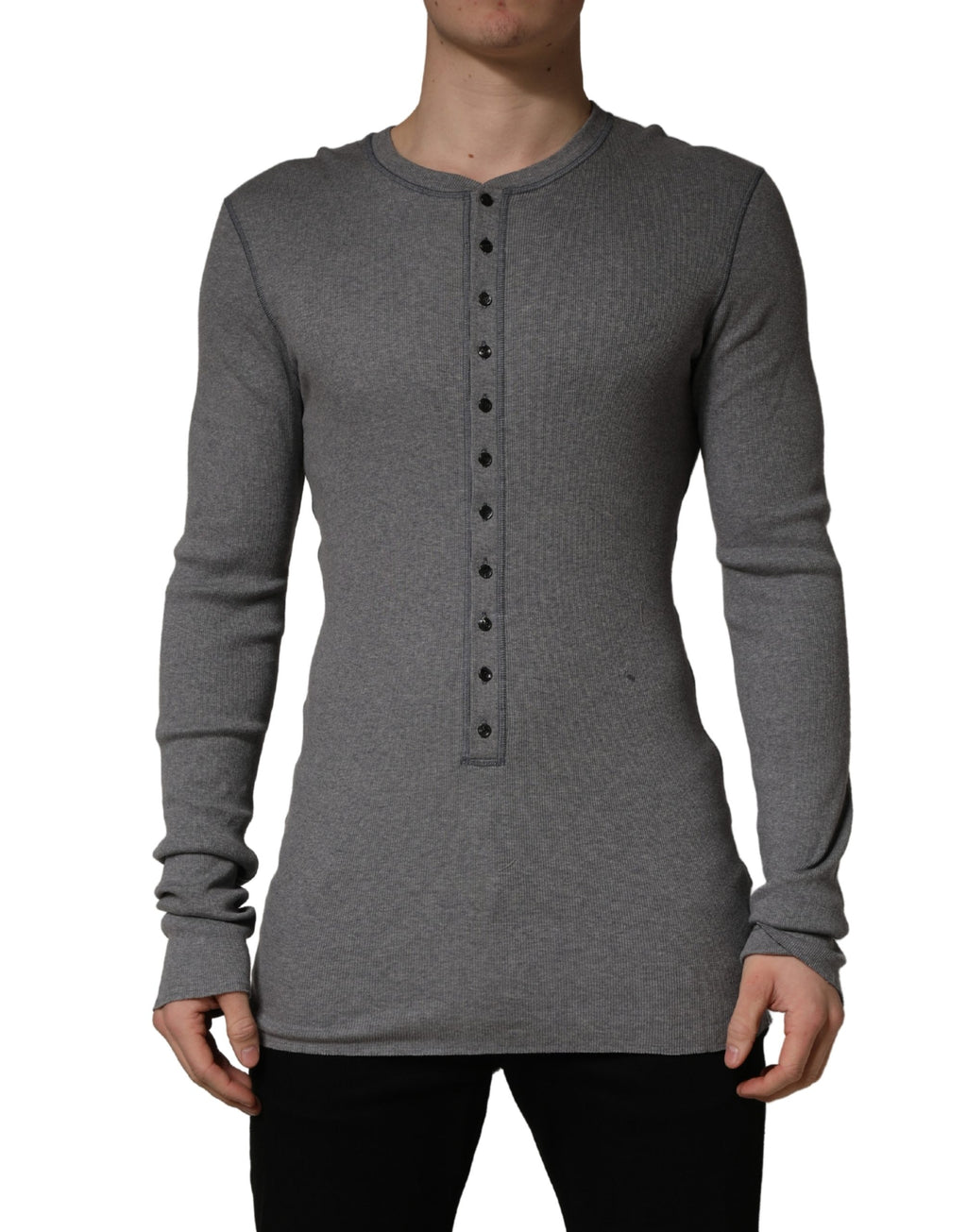 Dolce & Gabbana Gray Ribbed Cotton Long-Sleeve Henley  T-shirt