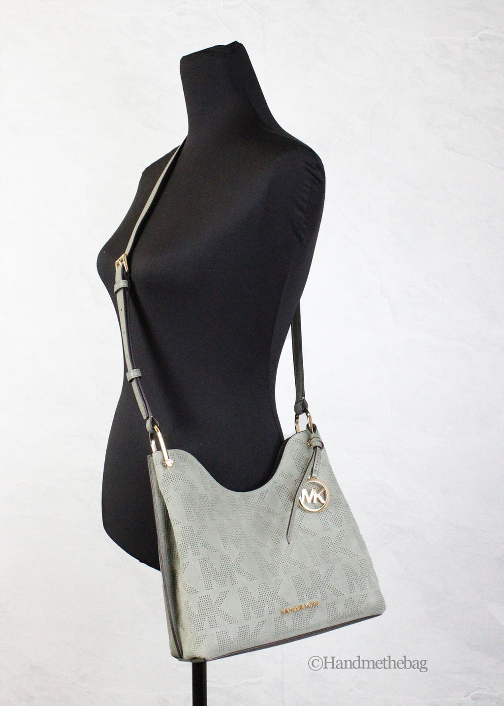 Michael Kors Joan Small Green Perforated Suede Leather Slouchy Messenger Handbag