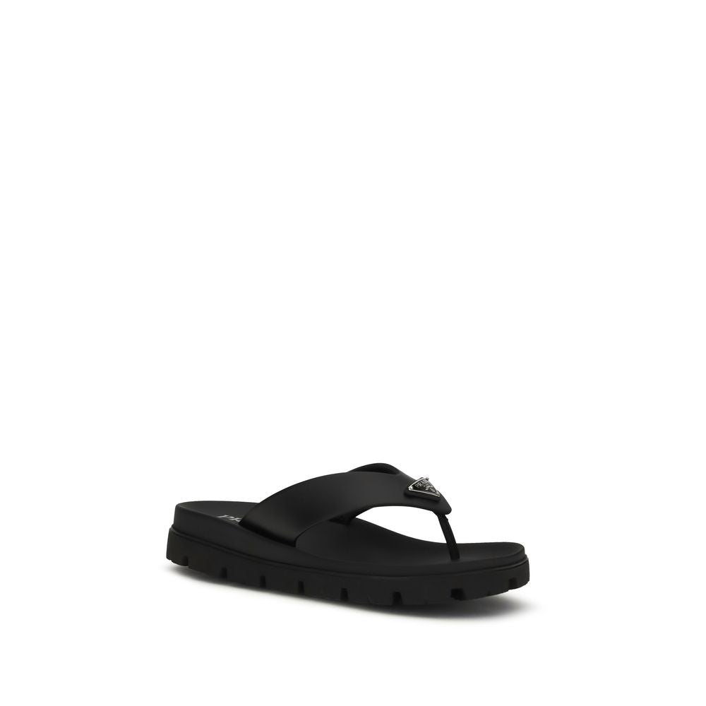 Prada Black Calf Leather Bos Taurus Flip-Flop Sandals