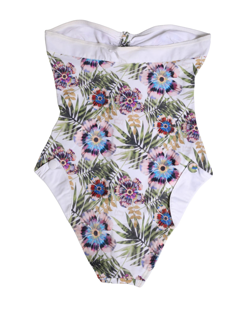 John Galliano White Floral Print Strapless One-Piece Swimsuit Swimwear