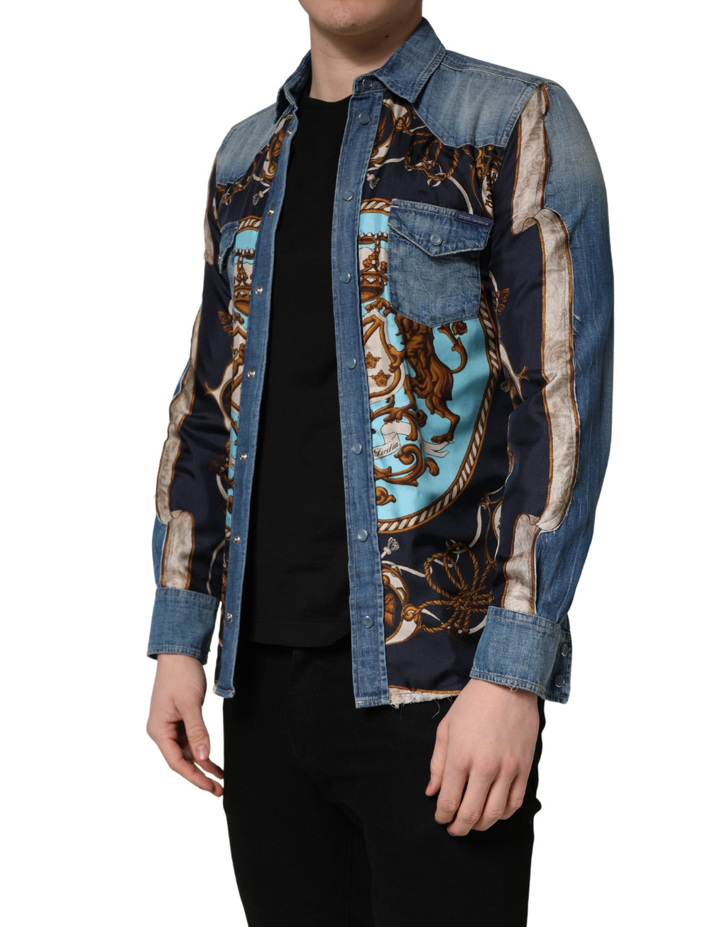 Dolce & Gabbana Blue Baroque Cotton Button Down Denim Shirt