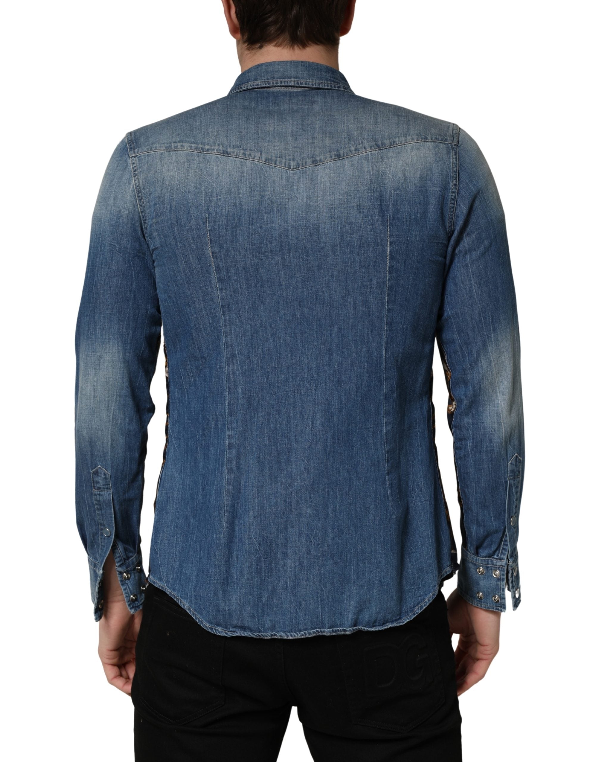 Dolce & Gabbana Blue Baroque Cotton Button Down Denim Shirt
