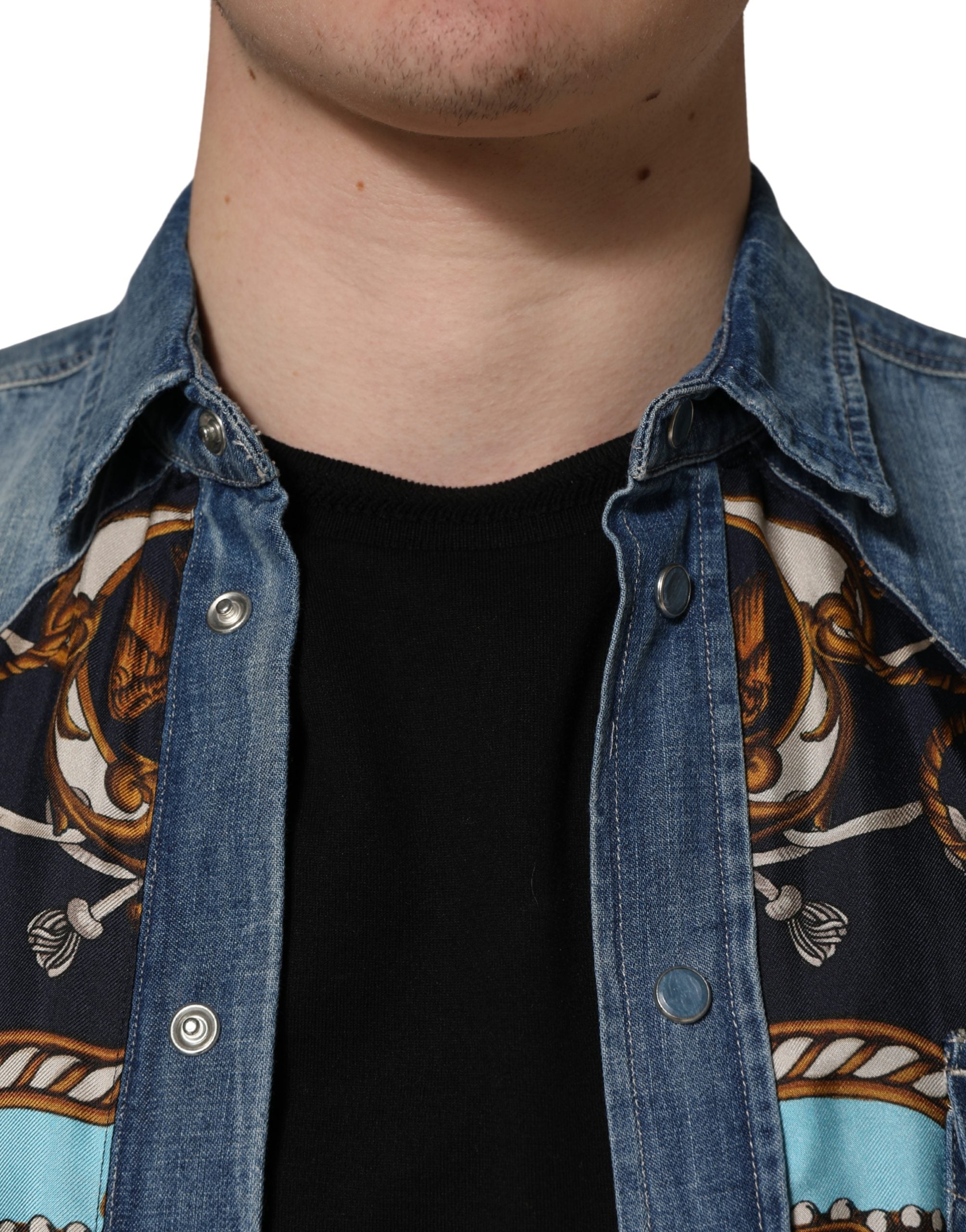 Dolce & Gabbana Blue Baroque Cotton Button Down Denim Shirt