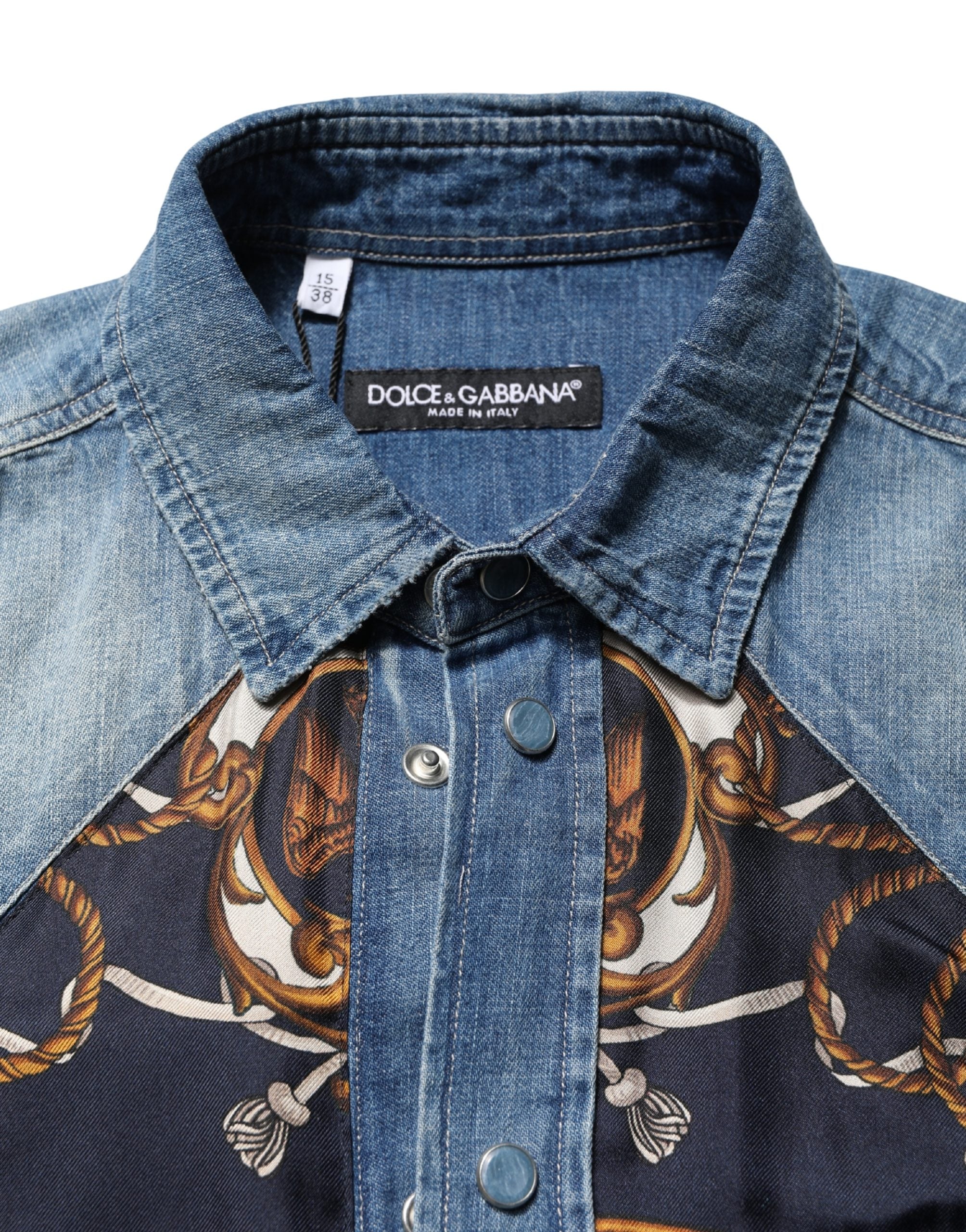 Dolce & Gabbana Blue Baroque Cotton Button Down Denim Shirt