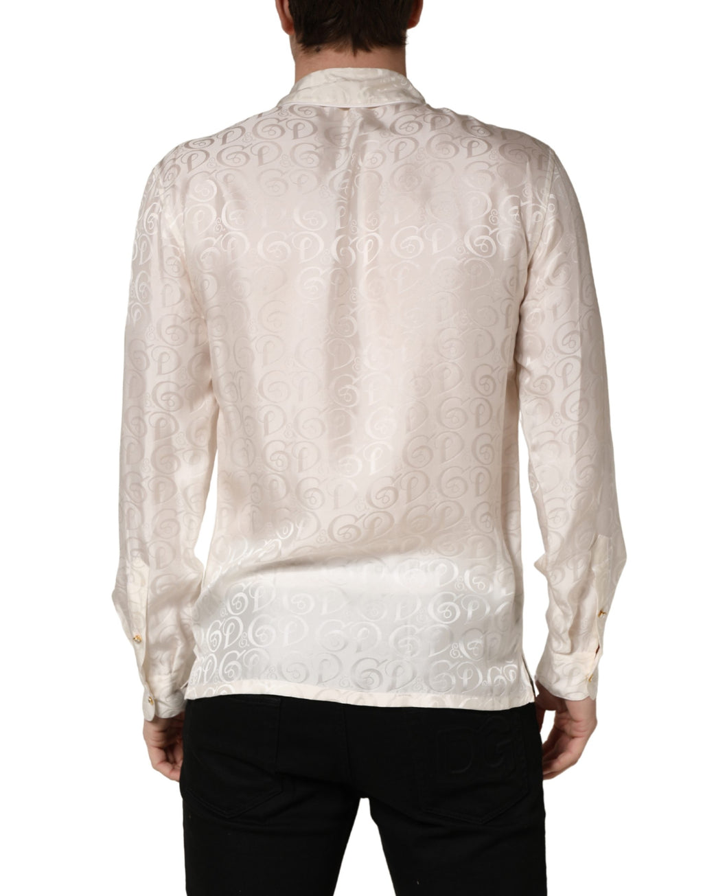 Dolce & Gabbana White Silk Long Sleeve Tonal Logo Print Shirt