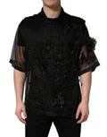 Dolce & Gabbana Black Floral Applique Sheer Short Sleeve Shirt