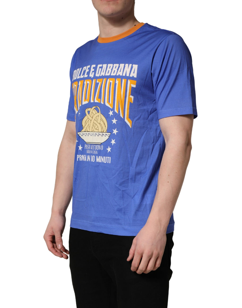 Dolce & Gabbana Blue Pasta Graphic Print Cotton Men Crewneck T-shirt