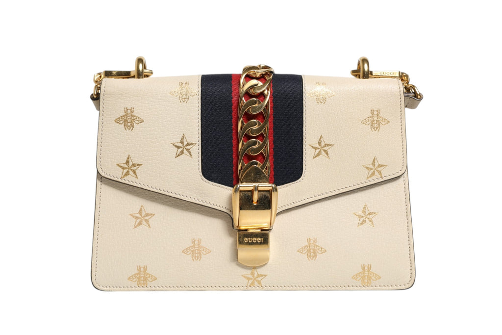 Gucci Cream Leather with a Bee and Star Print Leather Sylvie Crossbody Bag