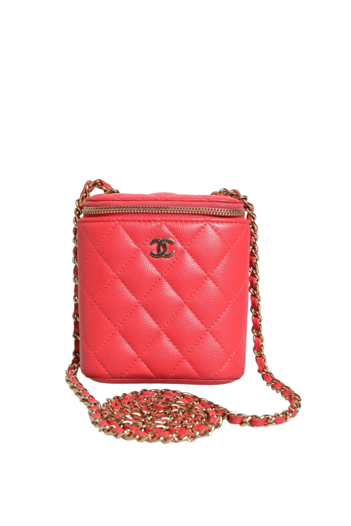 Chanel Red Caviar Quilted Small Vertical Coco Beauty Vanity Case with Chain