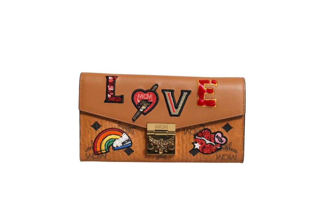 MCM Cognac Brown Coated Canvas Visetos Patricia Love Patch Wallet-on-chain