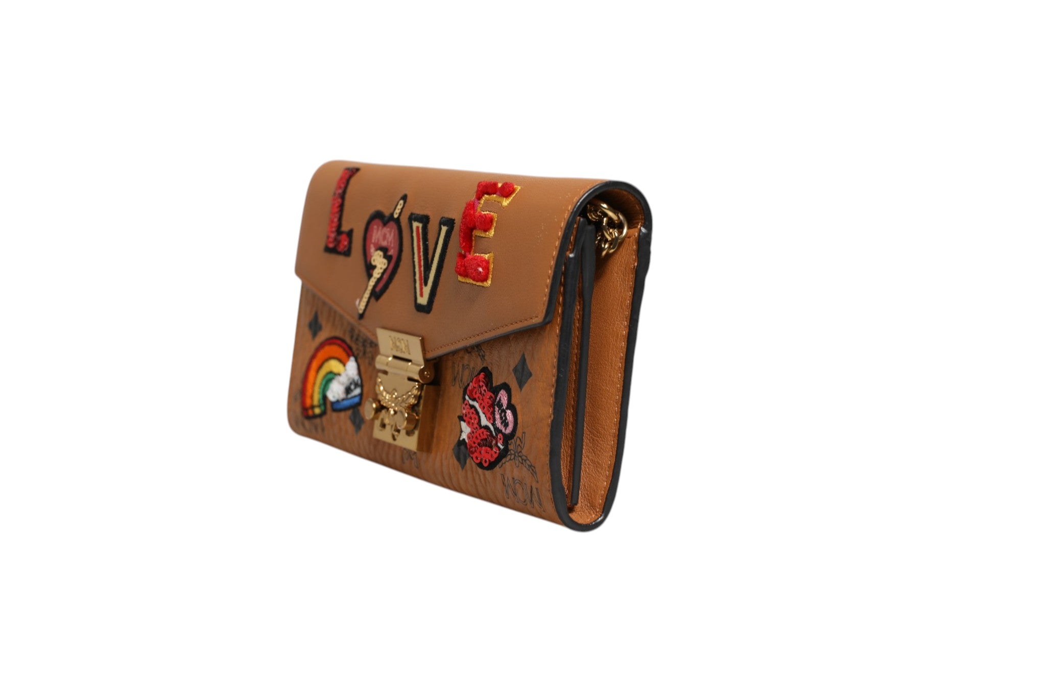 MCM Cognac Brown Coated Canvas Visetos Patricia Love Patch Wallet-on-chain
