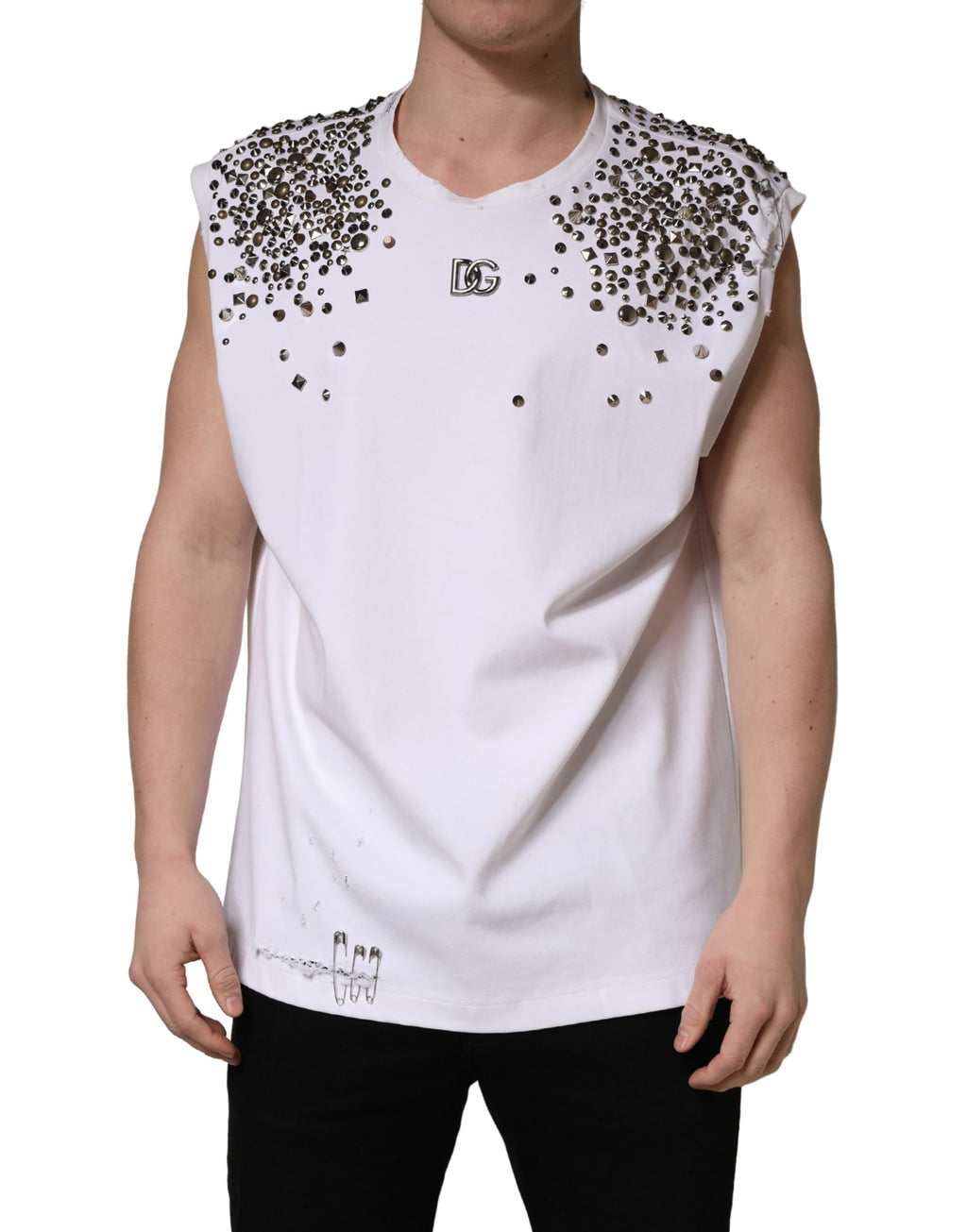 Dolce & Gabbana White Rhinestones Sleeveless Round Neck T-shirt