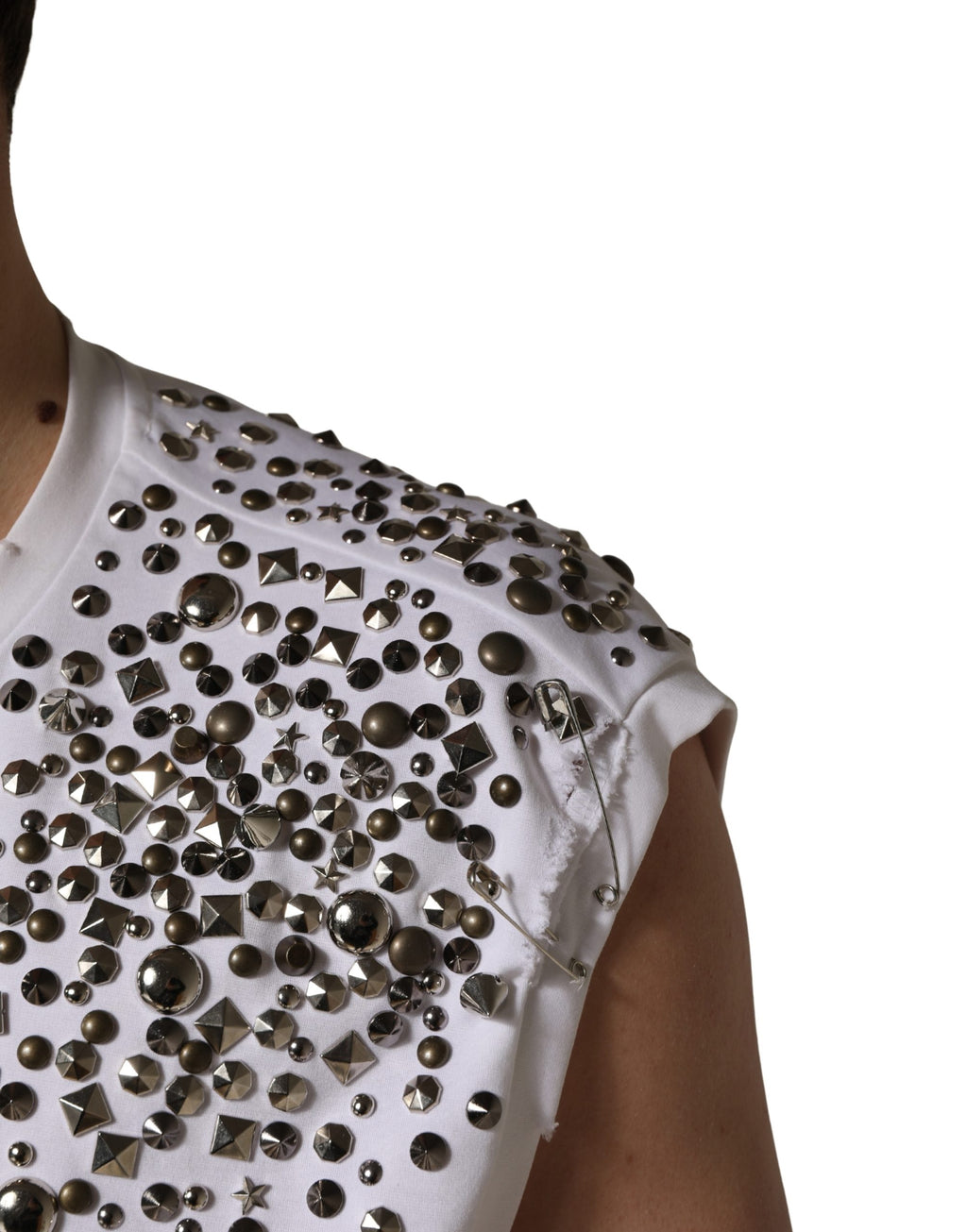 Dolce & Gabbana White Rhinestones Sleeveless Round Neck T-shirt