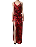 Dolce & Gabbana Red Leopard Print Silk Side Slit Maxi Dress