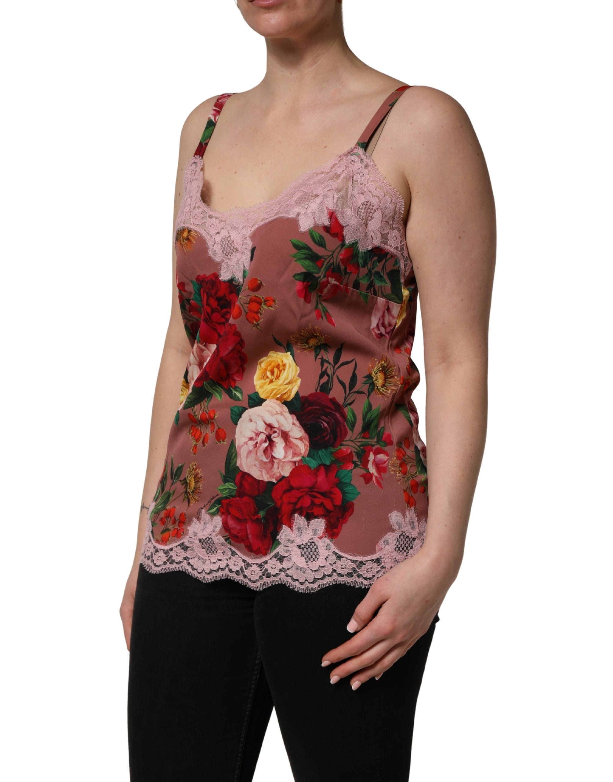 Dolce & Gabbana Brown Rose Print Satin Lace Camisole Tank Top