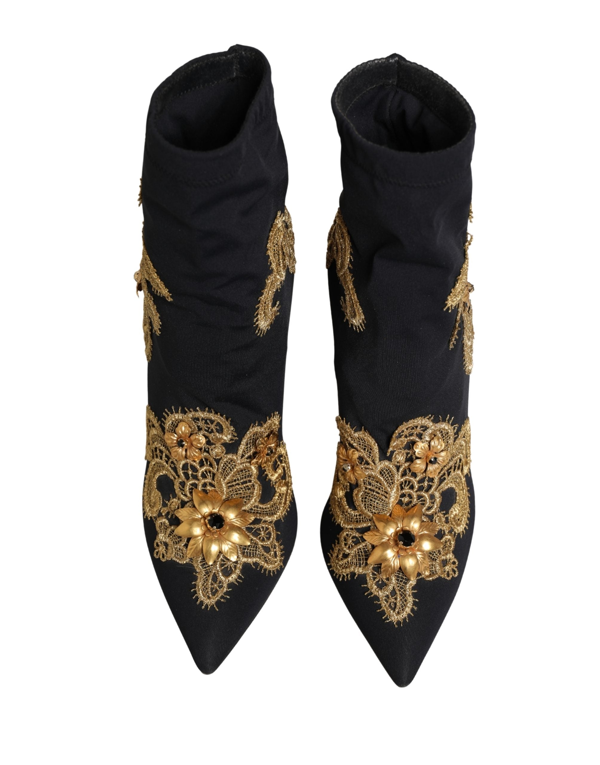 Dolce & Gabbana Black Gold Embroidery Crystal Boots Shoes