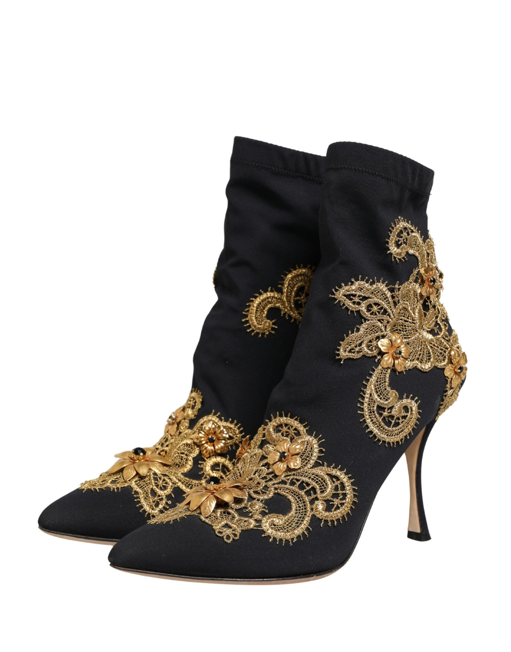 Dolce & Gabbana Black Gold Embroidery Crystal Boots Shoes