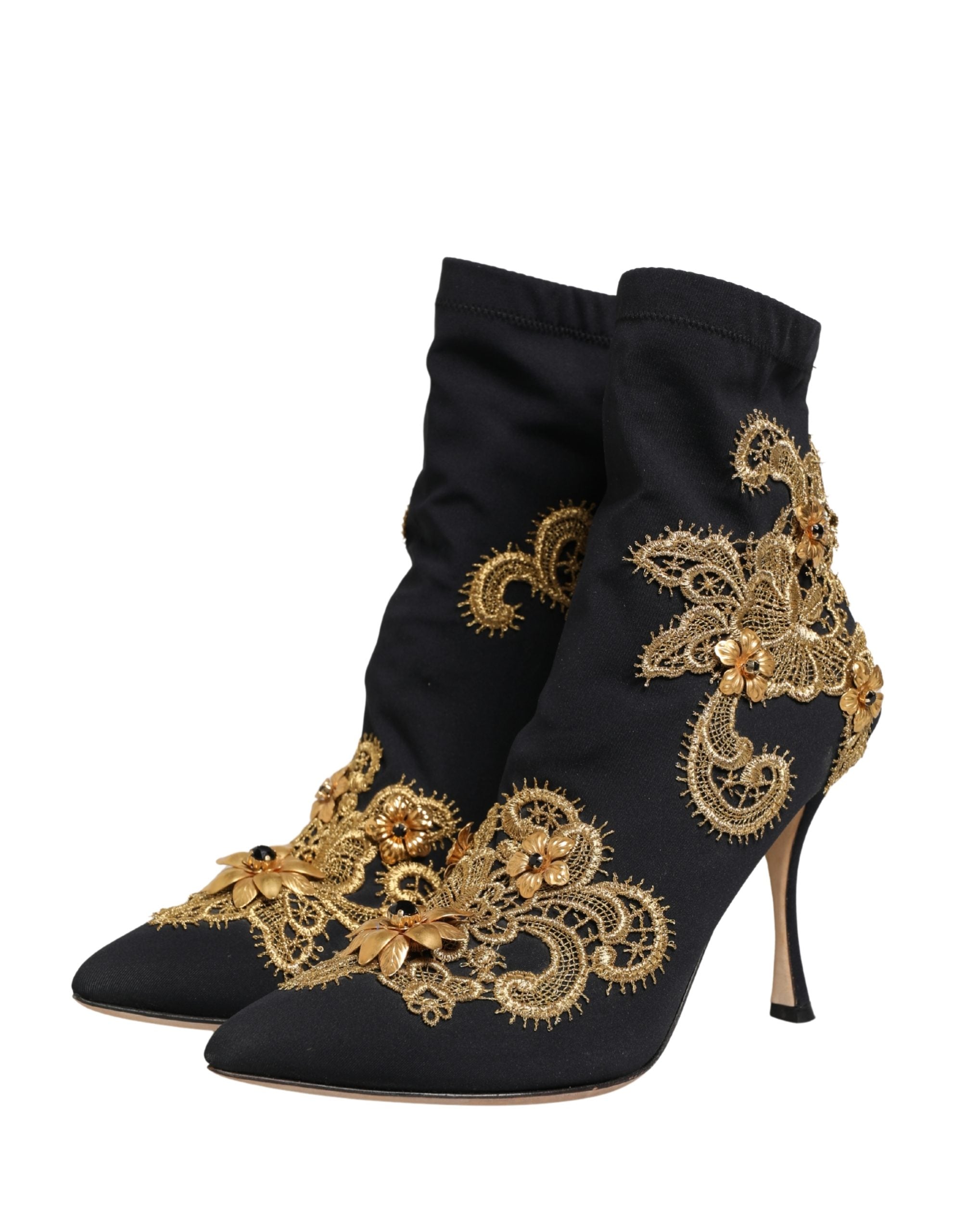 Dolce & Gabbana Black Gold Embroidery Crystal Boots Shoes