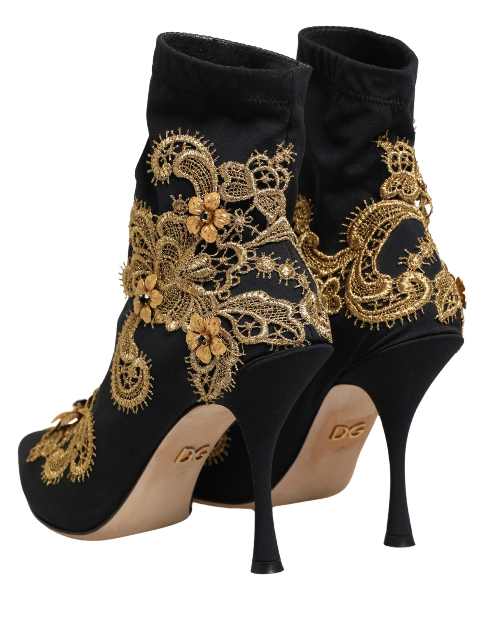 Dolce & Gabbana Black Gold Embroidery Crystal Boots Shoes