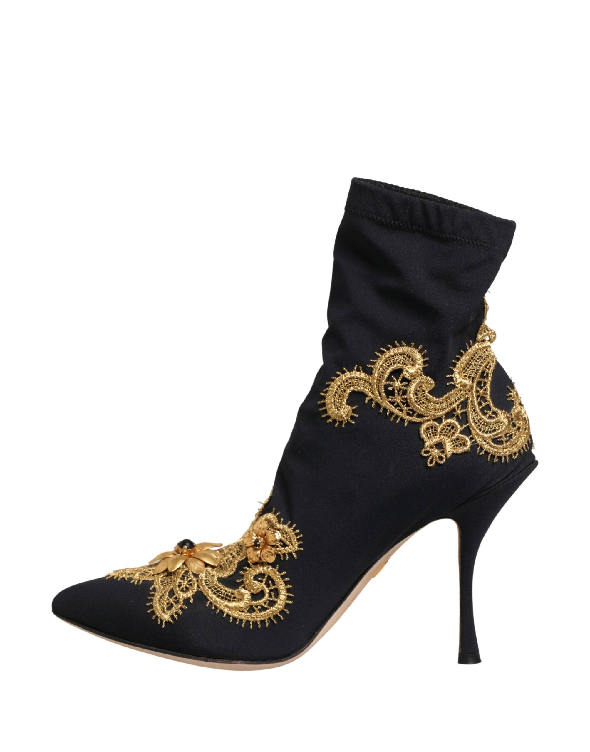 Dolce & Gabbana Black Gold Embroidery Crystal Boots Shoes