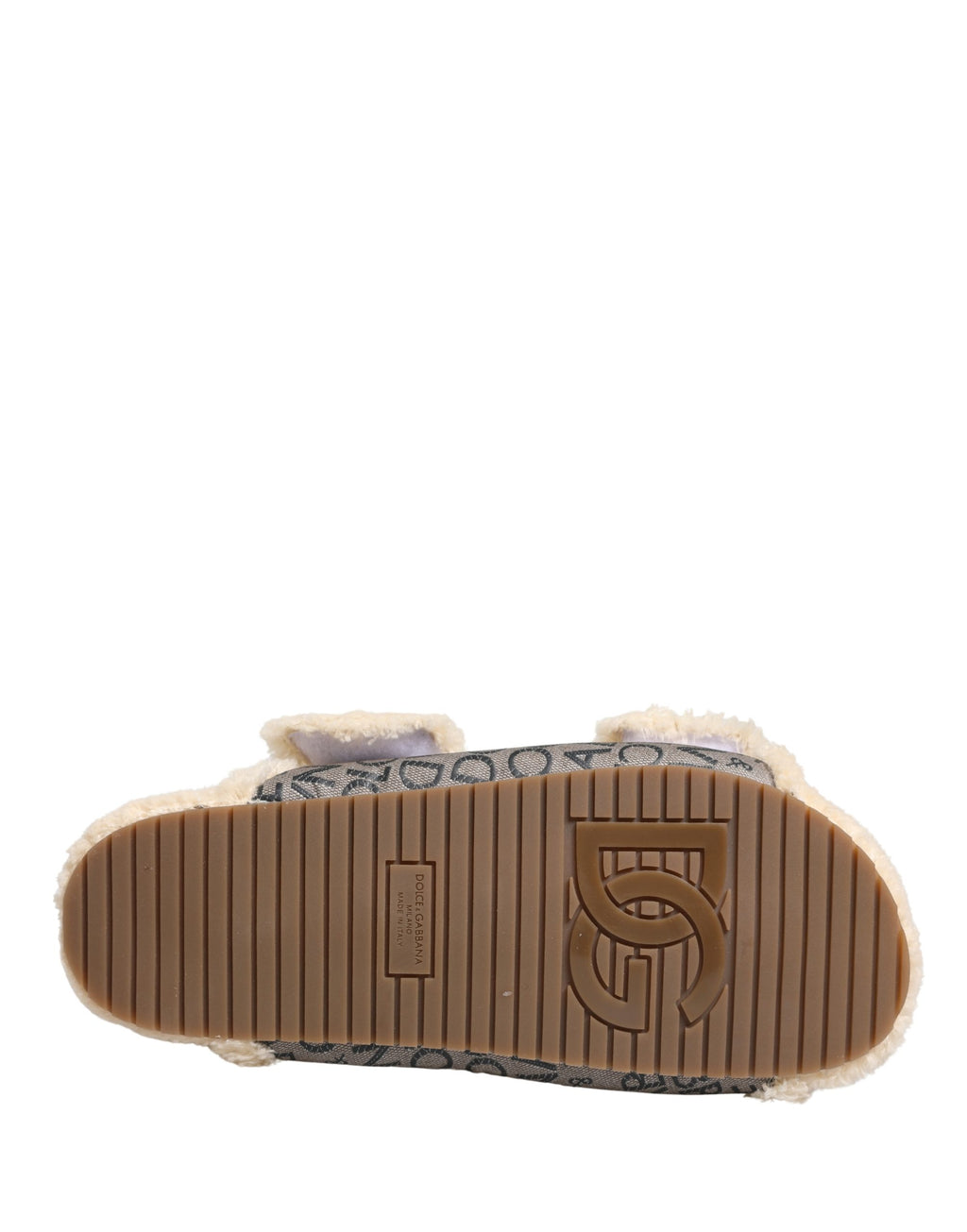 Dolce & Gabbana Beige Faux Fur Logo Print Flats Sandals Shoes