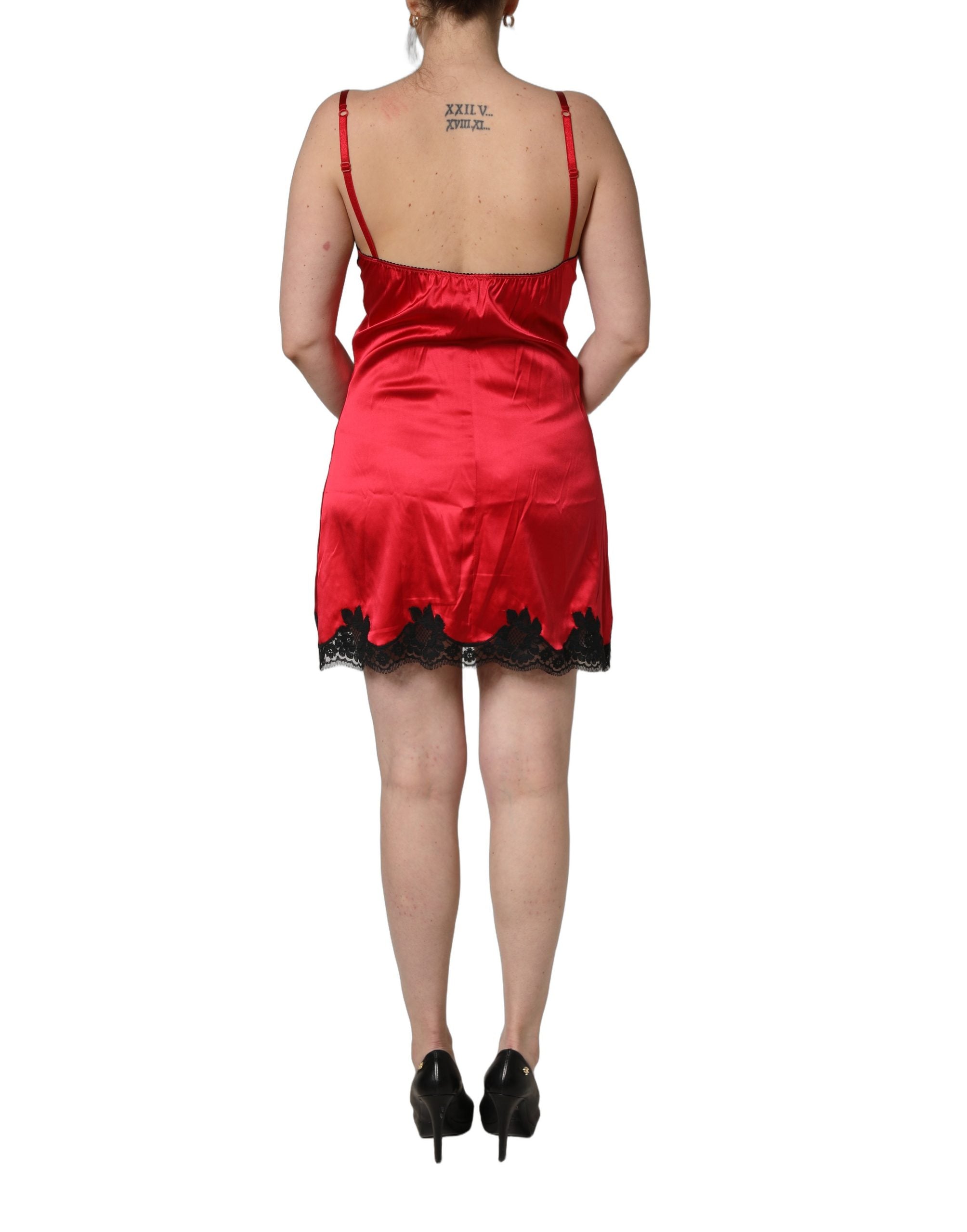 Dolce & Gabbana Red Black Lace Lingerie Short Chemise Sleepwear