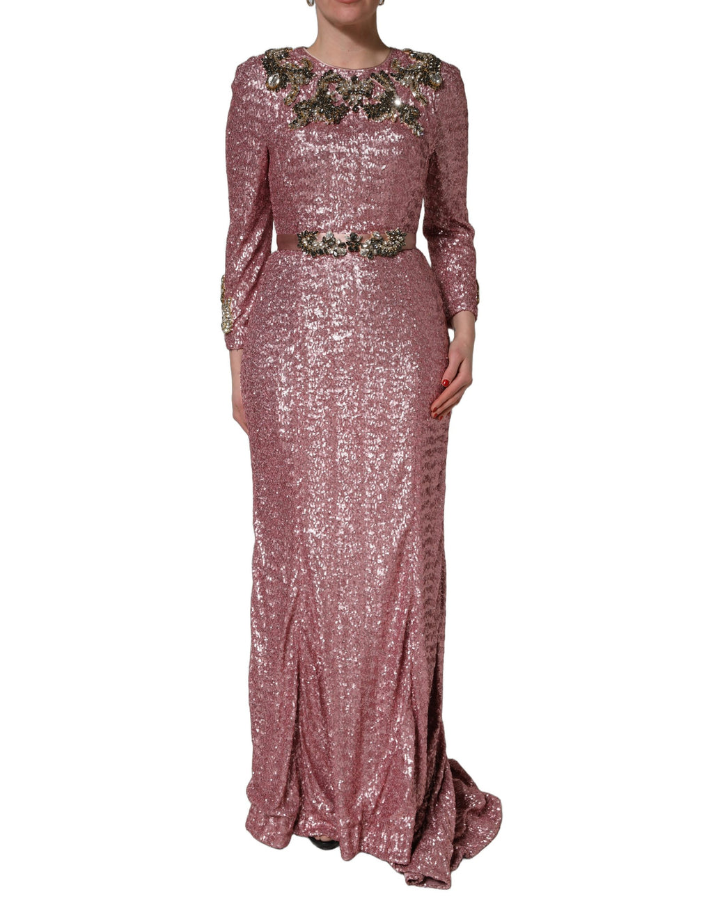 Dolce & Gabbana Pink Embellished Sequined Evening Gown Dress
