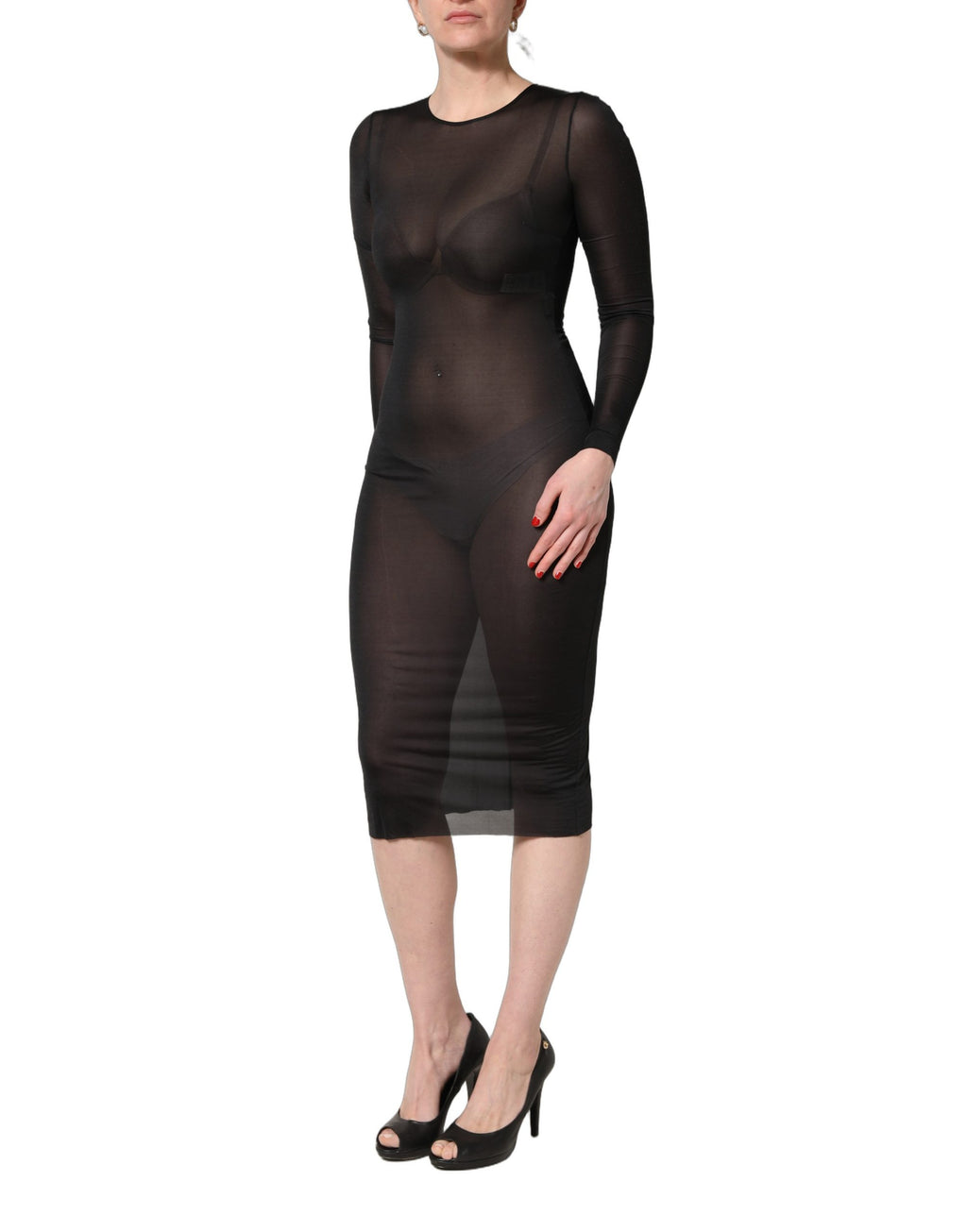 Dolce & Gabbana Black Sheer Long Sleeves Sheath Midi Dress