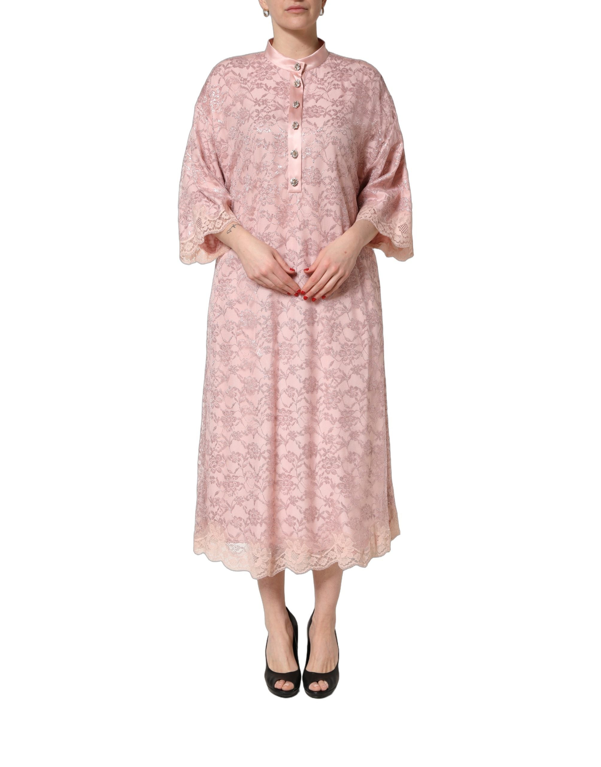 Dolce & Gabbana Pink Corded Floral Lace Kaftan Midi Dress